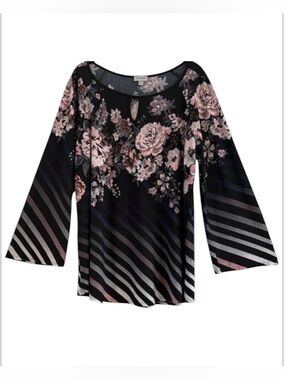 Avenue Black Pink Floral Stripe Knit Keyhole Long Sleeve Top Size 14/16